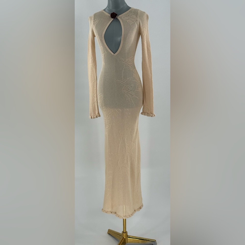 🆕 MIRROR PALAIS 🧿 NWOT Rose Pointelle Crochet Knit Dress, Soft Beige - Sz XS - Picture 3 of 16